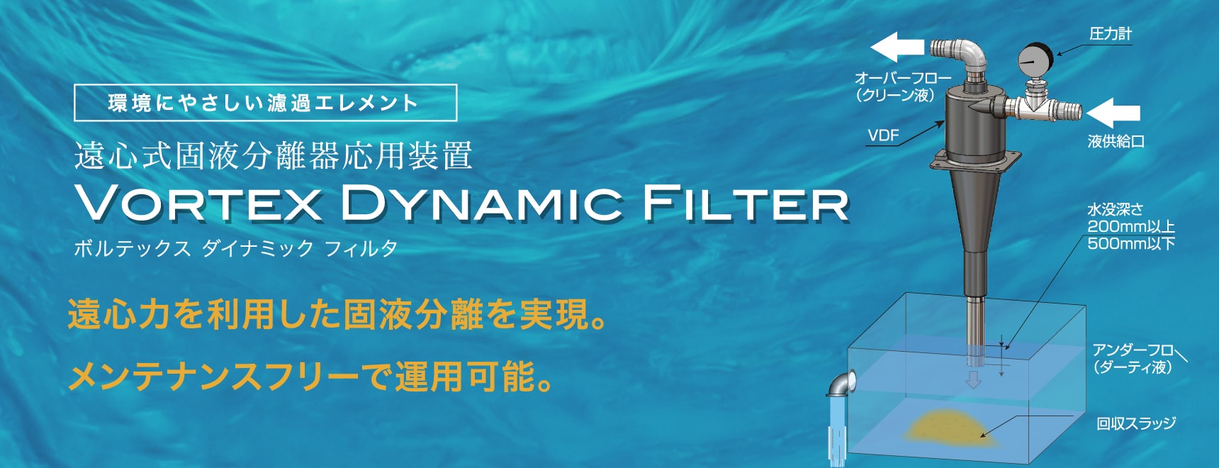 環境に優しエコ濾過エレメント　遠心式固液分離器 VORTEX DYNAMIC FILTER ボルテックス ダイナミックフィルタ